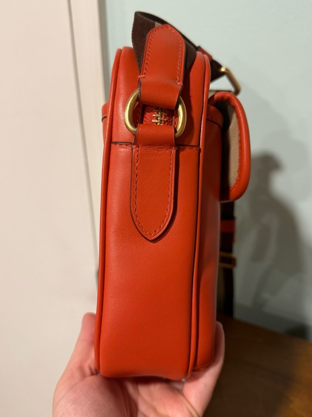 Coach Heritage Orange Smooth Leather Crossbody Turnlock Camera Bag Striped Strap - Picture 9 of 13